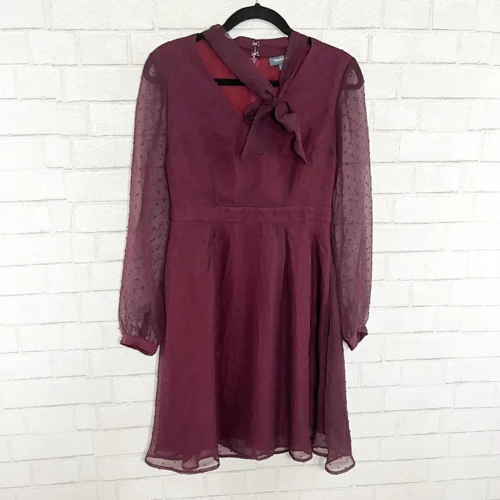 Modcloth Maroon Swiss Dot Bow Dress with Sheer Sleeves Women's Size 8
